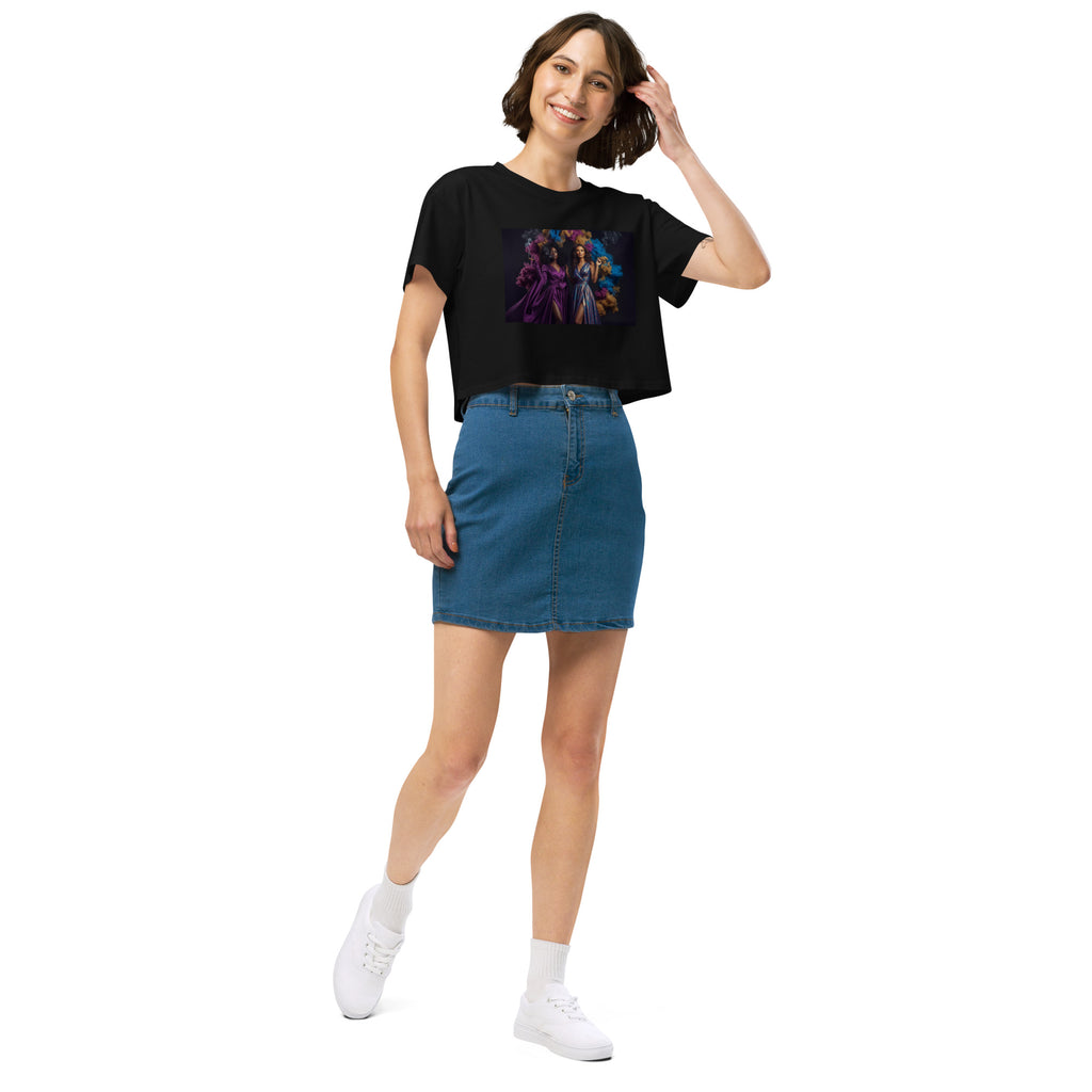 Lady G's with colorful rolling smoke and Twin Sunflowers on bk Women’s crop top - ThatBoutqiueStore