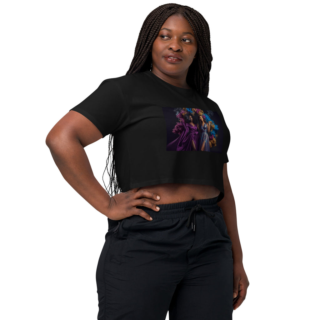 Lady G's with colorful rolling smoke and Twin Sunflowers on bk Women’s crop top - ThatBoutqiueStore
